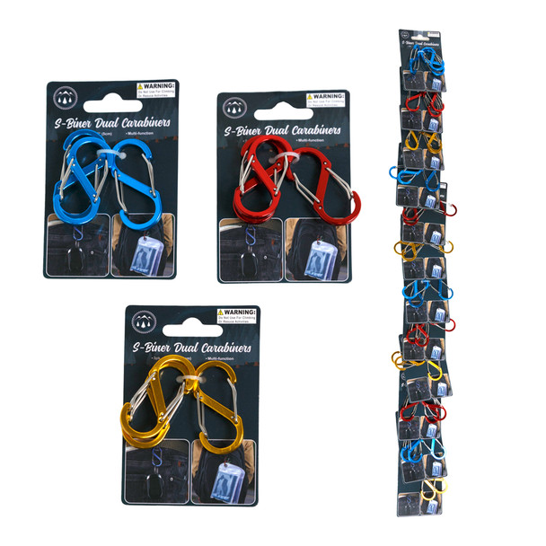 CARABINER S-SHAPE DOUBLE GATED 3PK 2INL ALLOY/IRON 3AST CLRS ON 12PC MDSG STRIP/TCD