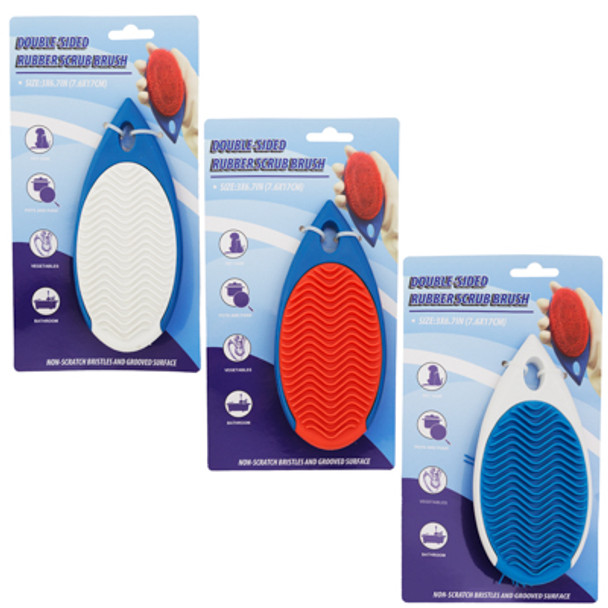 RUBBER SCRUB BRUSH 2-SIDED MULTIPURPOSE NON-SCRATCH BRISTLES/GROOVED 3X6.7IN 3AST COLORS TCD