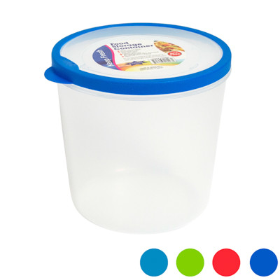 FOOD STORAGE CONTAINER ROUND WITH RUBBER EDGE ON RIM 96 OZ6.5D X 6.5H 4 COLORS 118G