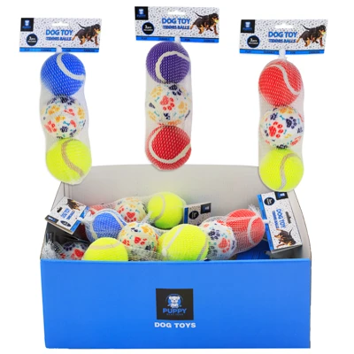 DOG TOY TENNIS BALLS ASSORTED 3PK 2.5 INCH 2 SOLID/1 PRINT IN MESH BAG