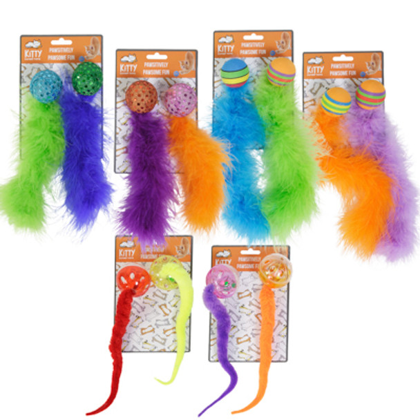 CAT TOY BALLS WITH TAILS 2PK ASSORTED COLORS IN CHAIN STRIP STRIP
