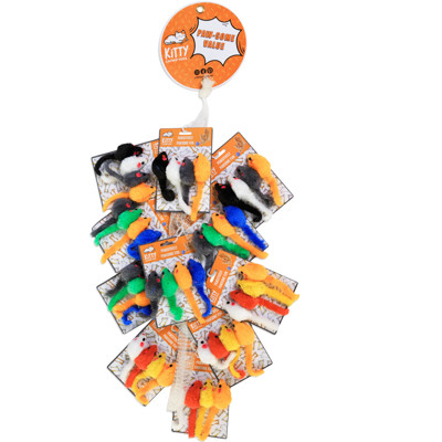CAT TOY 4PK MICE ASSORTED COLORS IN MESH MDSE STRIP