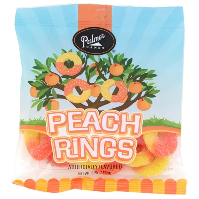 PALMER CANDY PEACH RINGS 3.25 OZ PEG BAG
