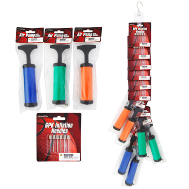 AIR PUMP 6.5IN 3ASST COLOR + 6PK INFLATION NEEDLE DISP STRIP 6PC EA/STRIP