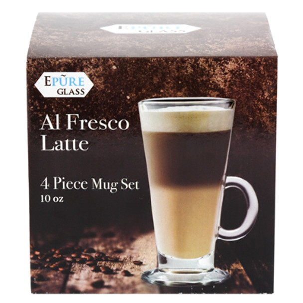 LATTE MUG 10OZ 4PC SET CLEAR GLASS AL FRESCO LITHO BOXED