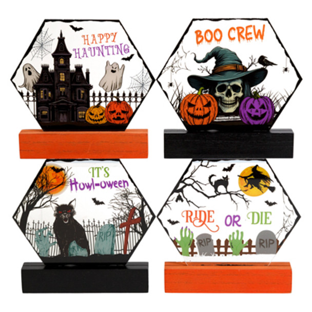 TABLE DECOR HALLOWEEN HEXAGON WINDOW ON MDF BASE 4ASST SCENES/6IN LABEL