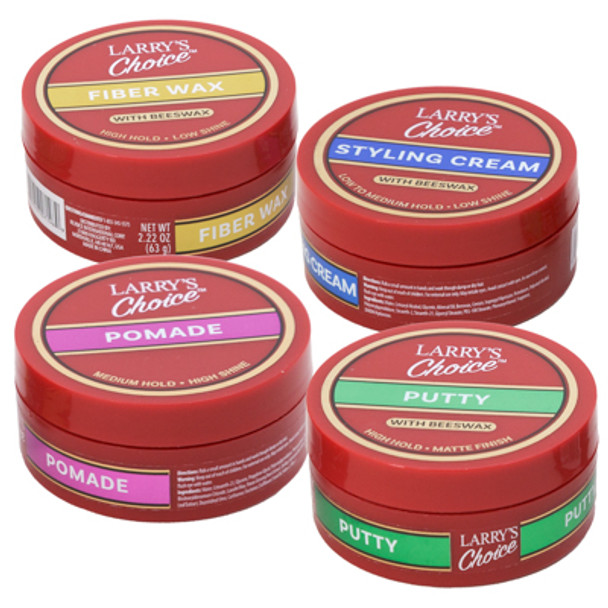 HAIR STYLING PRODUCTS 2.22OZ IN 24PC PDQ STYLING CREAM , PUTTY, FIBER WAX, POMADE LARRYS CHOICE