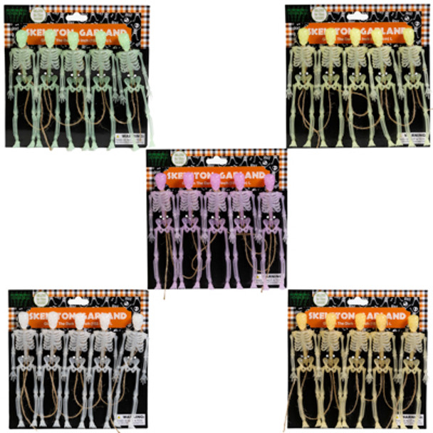 SKELETON GARLAND GLOW-IN-DARK 5FT LENGTH 5 AST COLORS HLWN TIECARD SKELETON GARLAND GLOW-IN-DARK 5FT LENGTH 5 AST COLORS HLWN TIECARD