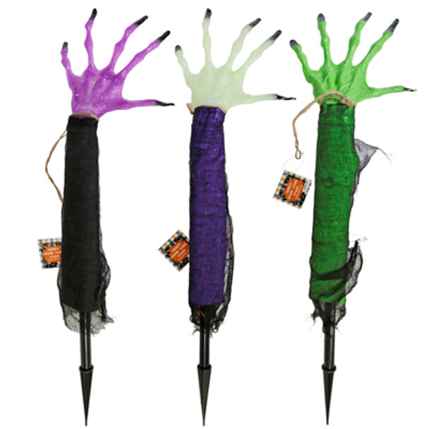 YARD STAKE CREEPY ZOMBIE/WITCH HAND W/GAUZE SLEEVE 24IN L PLASTIC  3AST COLORS