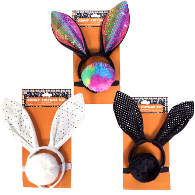 BUNNY COSTUME KIT 2PC EARS HEADBAND & TAIL 3AST WHITE/BLK/RAINBOW HLWN TCD