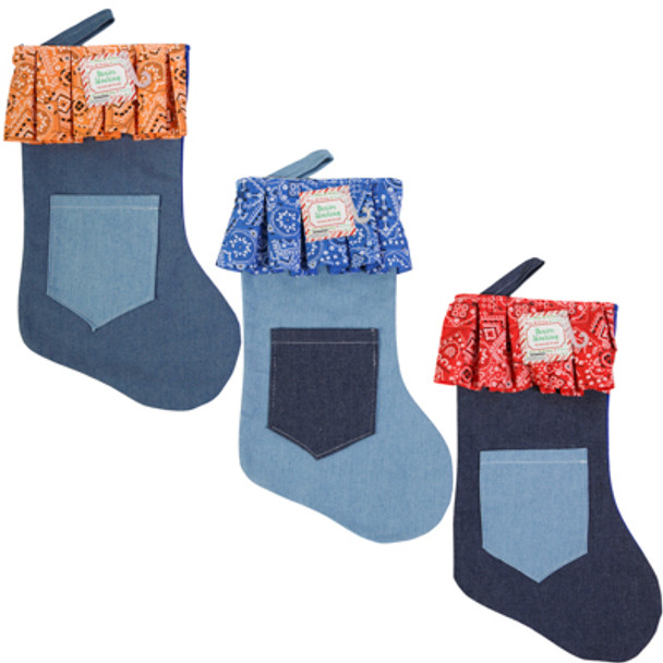STOCKING 18IN DENIM W/POCKET & RUFFLE BANDANA CUFF 3AST STOCKING 18IN DENIM W/POCKET & RUFFLE BANDANA CUFF 3AST