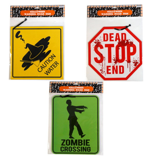 WALL DECOR HALWN WARNING ROAD SIGNS 3AST WITCH/ZOMBIE/STOP DOUBLE SIDED W/STRING PBH