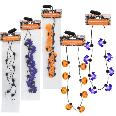NECKLACE HALLOWEEN 8 LED  3 AST SHAPES/3 FUNCTION BAT/SKULL/PUMPKIN PBH