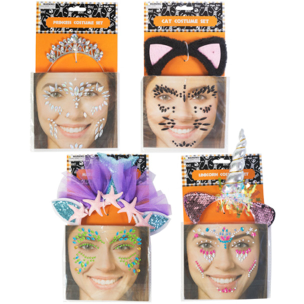 COSTUME KIT 2PC W/HEADBAND & FACE GEMS 4AST STYLES