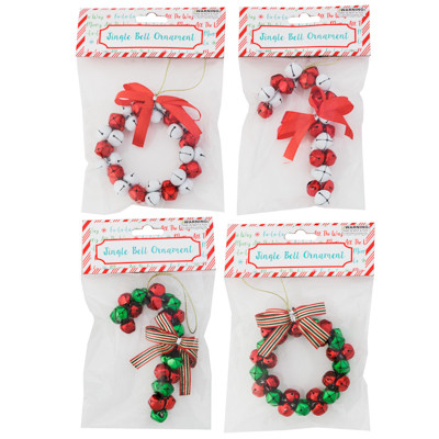 JINGLE BELL ORNAMENTS 4IN WREATH/5IN CANE 4 AST XMAS TCD