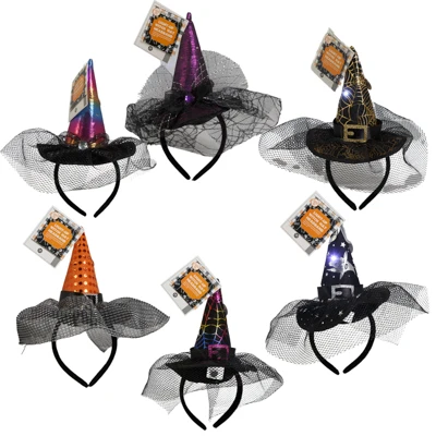 WITCH HAT DELUXE HEADBAND 6AST W/5 LED LIGHTS HLWN/HT W/J/HOOK