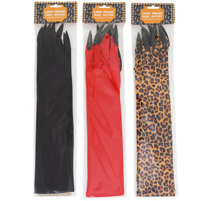 GLOVES W/FINGERNAILS HALLOWEEN ADULT SIZE15.75IN L 3 AST BLACK/RED/LEOPARD PRINT PBH