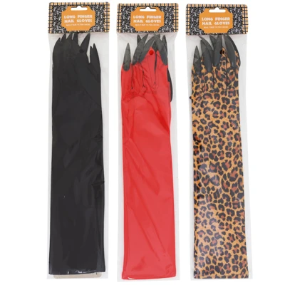 GLOVES W/FINGERNAILS HALLOWEEN ADULT SIZE15.75IN L 3 AST BLACK/RED/LEOPARD PRINT PBH