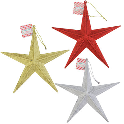 STAR ORNAMENT 11IN STURDY INDOOR/OUTDOOR USE 3AST GLITTER GOLD/SILVER/RED PB WRAPLABEL