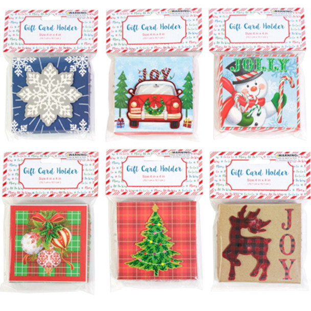 GIFT CARD HOLDER BOX 4X4IN 6 AST CHRISTMAS DESIGNS W/EMBELLISHMENTS PEGGABLE HEADER