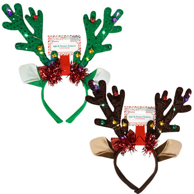 HEADBAND REINDEER LIGHT UP W/JINGLE BELL ACCENTS 2AST 11X13IN XMAS BARBELL