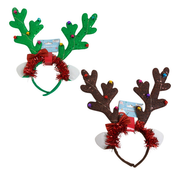 HEADBAND REINDEER LIGHT UP W/JINGLE BELL ACCENTS 2AST 11X13IN XMAS BARBELL