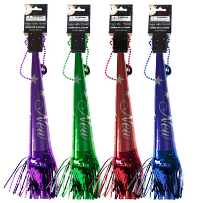 PARTY HORN NEW YEAR 13.5IN ON BEAD CHAIN 4AST SOLID SHINY COLORS W/PRINT & FRINGE/NY TCD