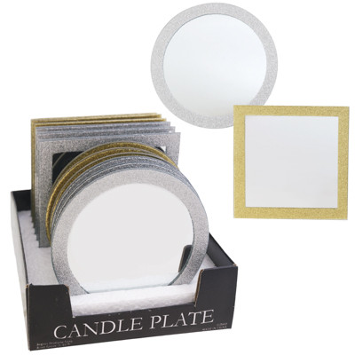 CANDLE PLATE MIRROR GLITTER TRIM 4.5IN ROUND/SQUARE 12PC PDQ UPC LABEL