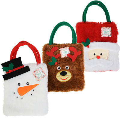 FLUFFY PLUSH GIFT BAG SANTA/REINDEER/SNOWMAN 11X9IN XMAS/HT