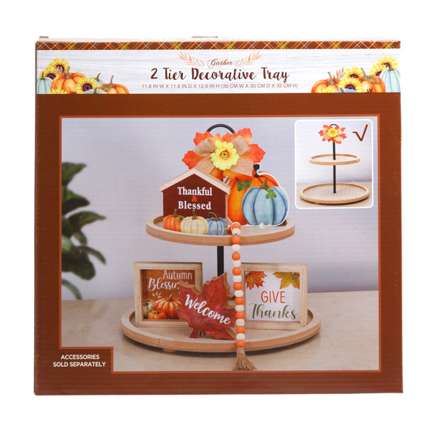 2-TIER TRAY HARVEST MDF W/FLORAL ACCENTS BOTTOM 11.7IN DIA TOP 8.6IN DIA 13.8IN H COLOR BOXED