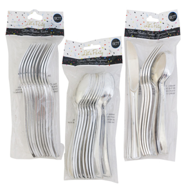 CUTLERY 12PC PLASTIC SILVER 3ASST SOLID SPOONS/SOLID FORKS/12PC MIX PACK PRINTED OPPBAG