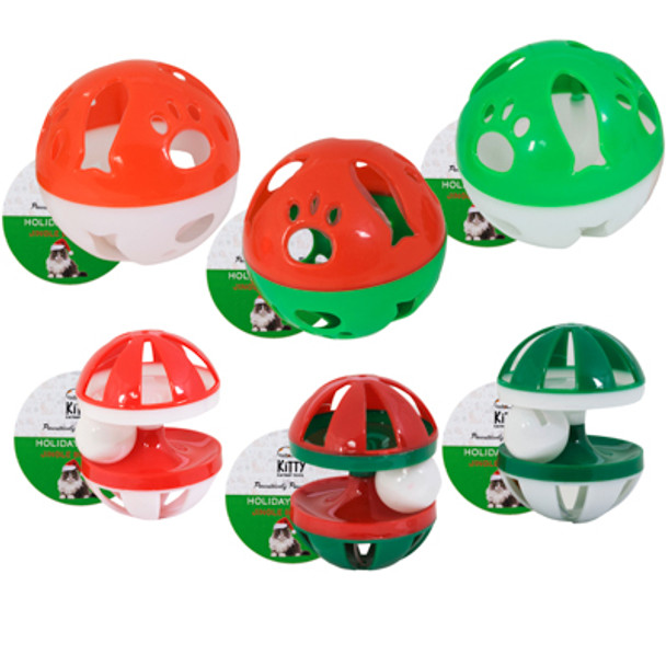CAT TOY CHRISTMAS 2 STYLES - 4 INCH BALL WITH BELL, CYLINDER WITH BELL IN PDQ