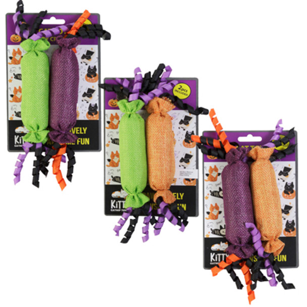 CAT TOY HALLOWEEN CANDY CRINKLER 2PK ASSORTED COLORS ON CHAIN MERCH STRIP
