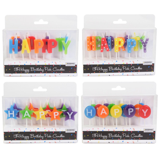 BIRTHDAY CANDLE 13PC PICK HAPPY BIRTHDAY 4 ASST STAR/BALL/DOT/BLOCK LETTERS BIRTHDAY CANDLE 13PC PICK HAPPY BIRTHDAY 4 ASST STAR/BALL/DOT/BLOCK LETTERS