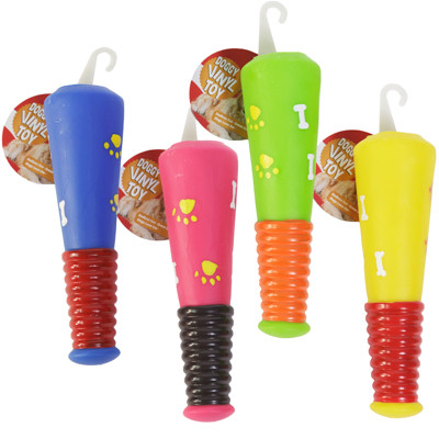 DOG TOY VINYL BAT WITH SQUEAKER 7 INCH 4 ASSORTED DESIGNS IN PDQ