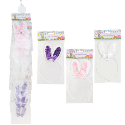 BUNNY EAR HEADBAND W/SEQUIN CENTER & MINI SATIN BOW 3AST PBH/12PC MDSGSTRIP