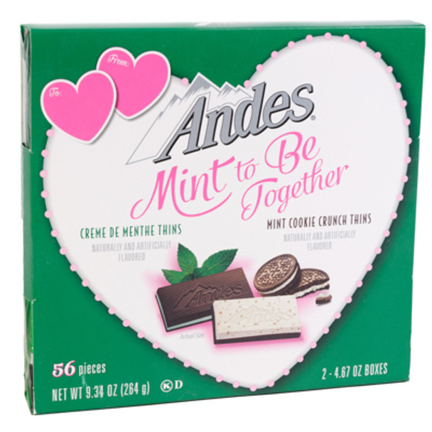 ANDES MINT TO BE TOGETHER VALENTINE GIFT BOX 2 ASSORTED 9.34 OZ CREME DE MENTHE THINS/MINT COOKIE CRUNCH THINS