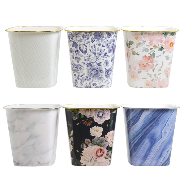 WASTE BASKET 10L PP W/METALLIC RIM 6 ASST FLORAL/MARBLE