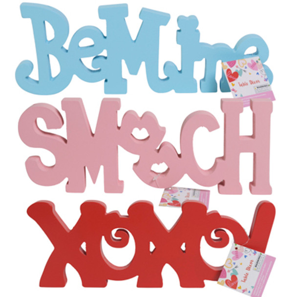 TABLE DECOR VALENTINE SCRIPT WORD  11X4IN 3ASST MDF XOXO/BEMINE/SMOOCH HT/MDF COMPLY