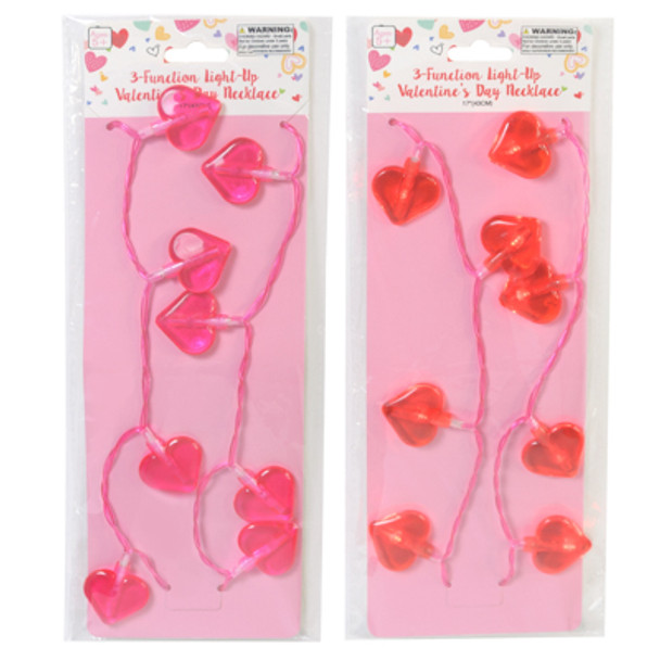 NECKLACE VALENTINE 8 LED LIGHT UP HEART  2 ASST COLORS PINK/RED VAL PB/BACKER CARD