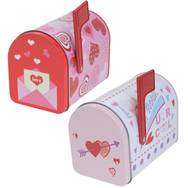 MAILBOX SHAPED TIN 2 AST VALENTINE DESIGNS 5X3X3.75 HINGED LID / EASYPEEL LABEL MAILBOX SHAPED TIN 2 AST VALENTINE DESIGNS 5X3X3.75 HINGED LID / EASYPEEL LABEL