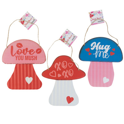 HANGING DECOR VALENTINE MUSHROOM CORRUGATE METAL 3 ASST 6 X 7.5"  HANGTAG