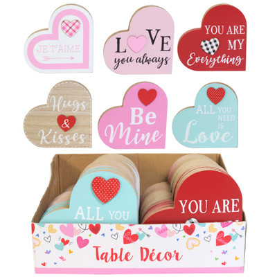 TABLE DECOR HEART VALENTINE MDF 6 X 6 6 ASST IN 24PC PDQ / COLOR LABEL