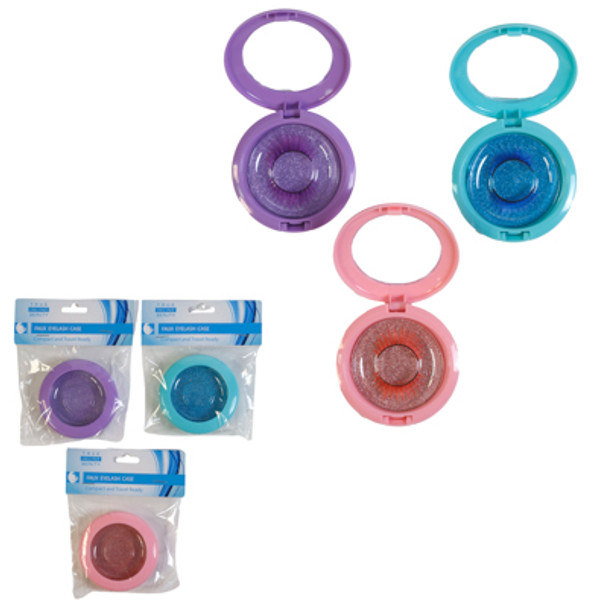 FAUX EYELASH STORAGE CASE PLASTIC 3 ASST COLORS 3 IN DIA OPP/HDR ON 12PC DISP STRIP