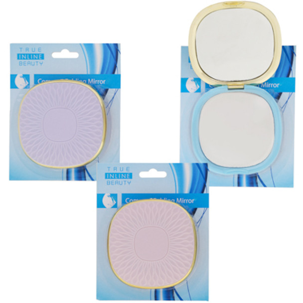 COMPACT MIRROR 3.54IN SQUARE EMBOSSED SUNFLOWER LID 3 AST COLORS REG/MAGNIFY HBA BLC