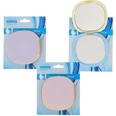 COMPACT MIRROR 3.54IN SQUARE EMBOSSED SUNFLOWER LID 3 AST COLORS REG/MAGNIFY HBA BLC