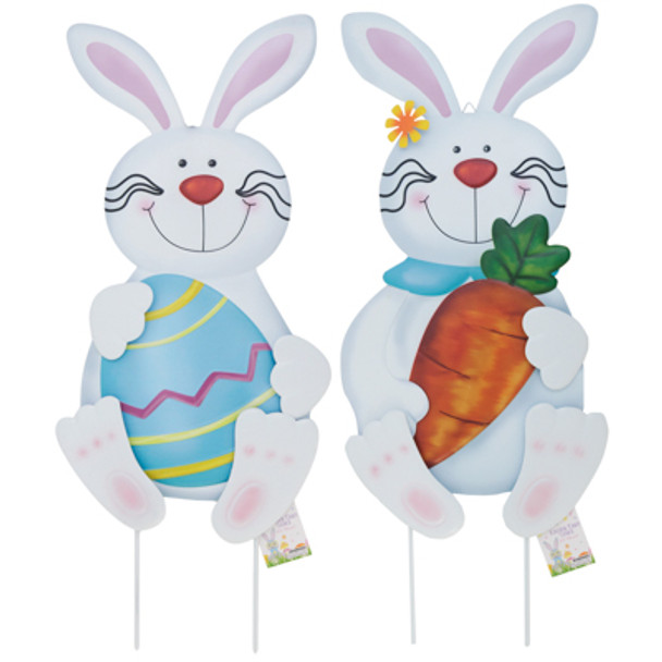 EASTER RABBIT METAL YARD STAKE 21.5 IN 2 AST W/3D PAWS / FEET / HANGTAG