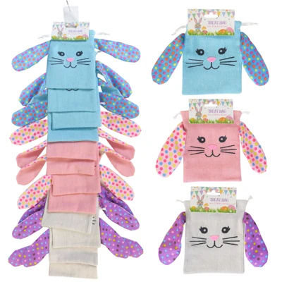 TREAT BAG FABRIC W/ BUNNY FACE & FLOPPY EARS 3AST 6.5 X 5 IN /12PC MDSG STRIP/PBSLV