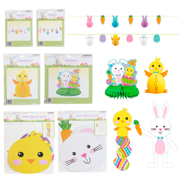 EASTER PAPER DECOR 6 ASST - JOINTED CUTOUTS/ 72IN BANNER/ HONEYCOMB CENTER PIECE PB/INS EASTER PAPER DECOR 6 ASST - JOINTED CUTOUTS/ 72IN BANNER/ HONEYCOMB CENTER PIECE PB/INS