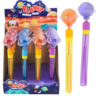 BUBBLE WAND PLANET 2.2OZ (65ML) 4AST 10.75IN W/LITE UP FLASHING CENTER / 12PC PDQ HANGTAG